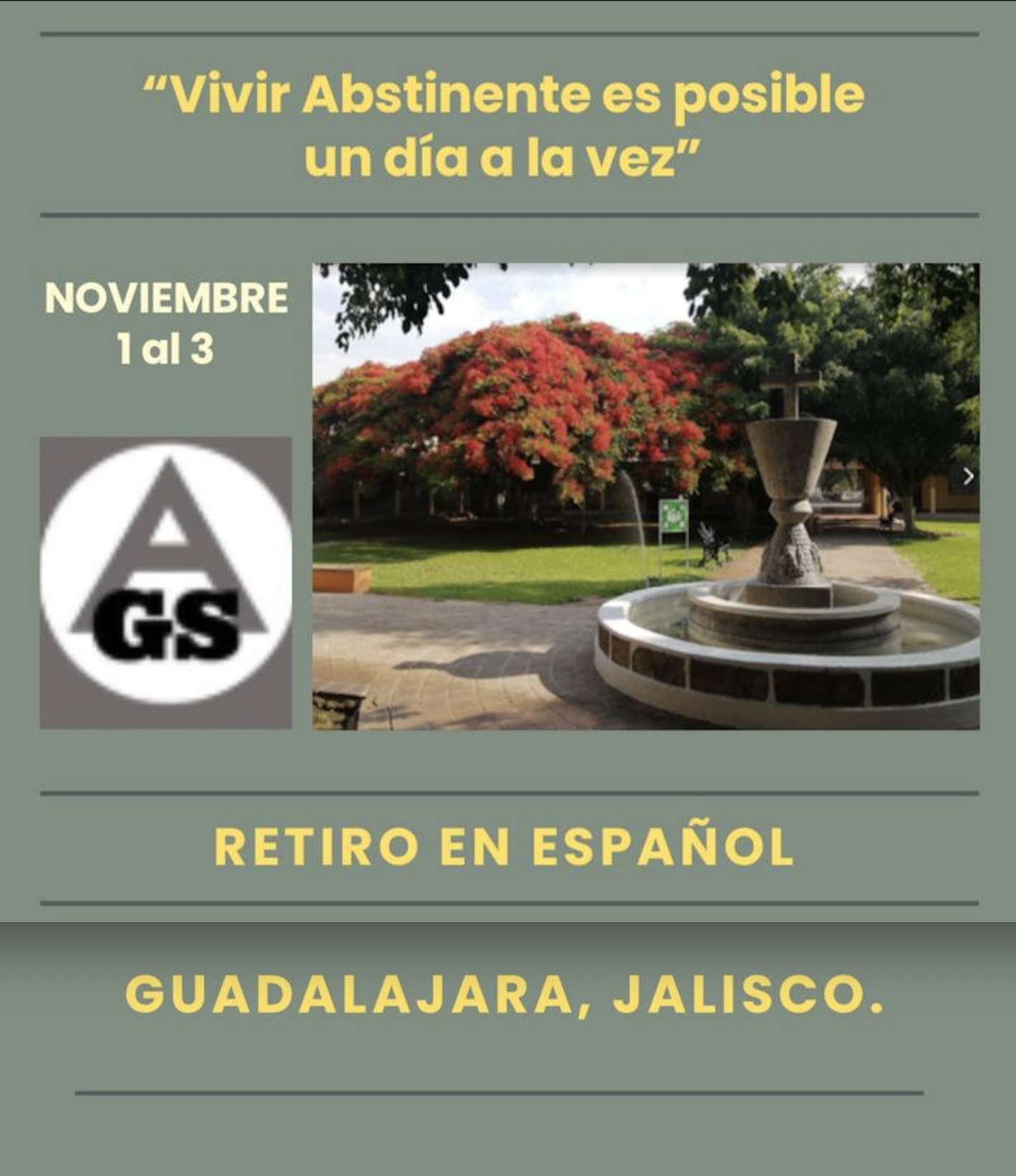 Taller GSA GUADALAJARA del 1 al 3 de noviembre de 2024 \u0026quot;Vivir  Abstinente es posible un día a la vez”-Recovery Events - GreySheeters  Anonymous, image size:1418x1640